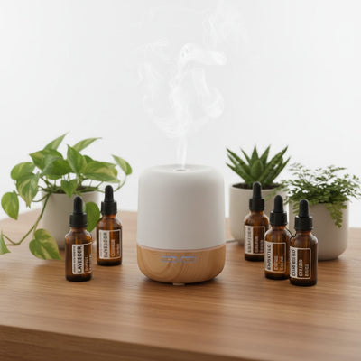 Humidifier/Diffuser collection banner featuring an oil burner and diffuser setup with essential oils, for aromatherapy and home fragrance.
