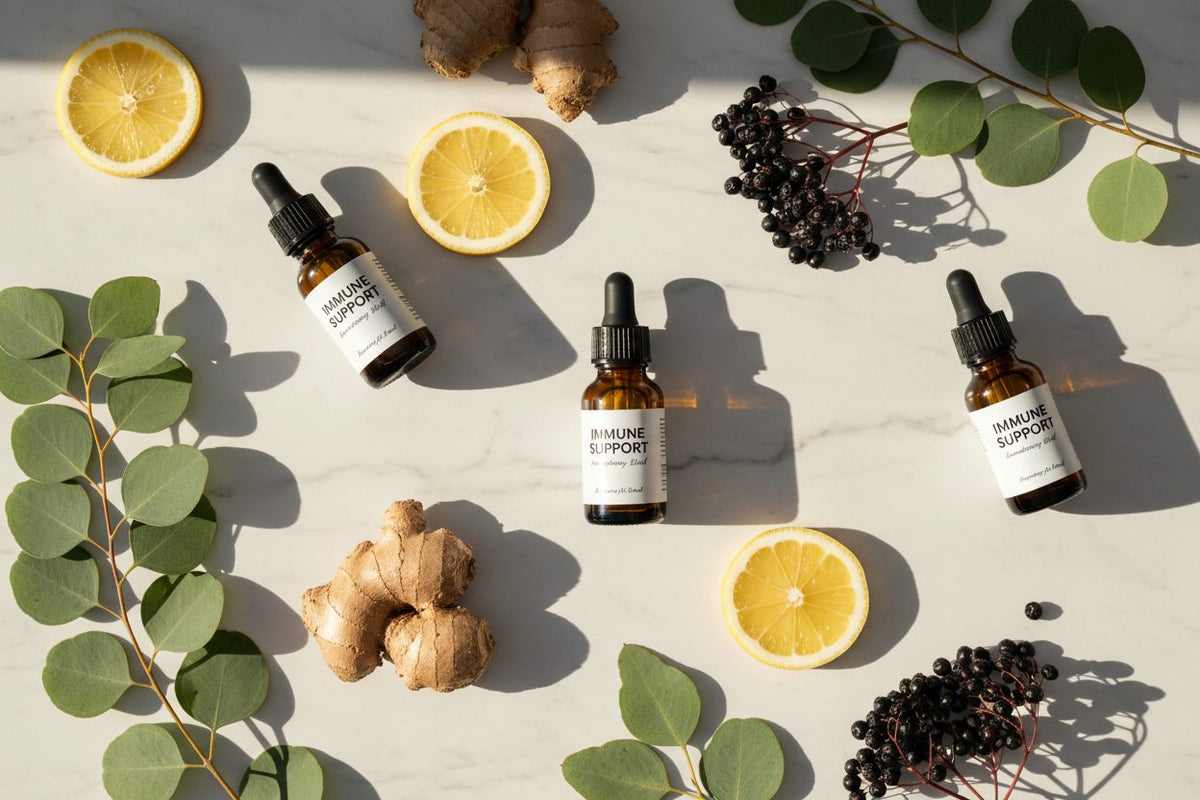 Immune Support collection banner featuring supplement bottles arranged with natural ingredients, for daily wellness and nutrition support.