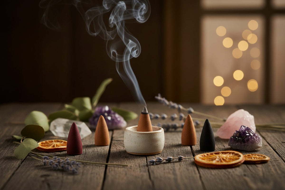 Incense Cone collection banner featuring incense sticks and cones with natural botanicals, for aromatherapy, ritual, and everyday home fragrance.