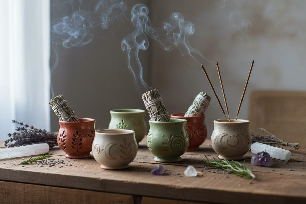 Incense Smudge Cups collection banner featuring bundled smudge sticks and dried botanicals, for smudging, spiritual cleansing, and altar rituals.