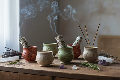 Incense Smudge Cups collection banner featuring bundled smudge sticks and dried botanicals, for smudging, spiritual cleansing, and altar rituals.
