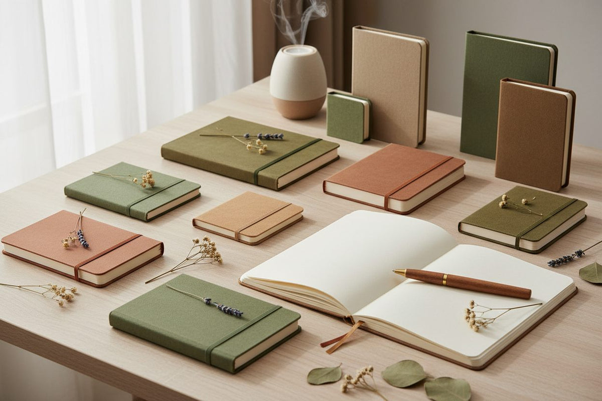 Journals collection banner featuring a leather-bound journal with decorative details, for journaling and personal reflection.