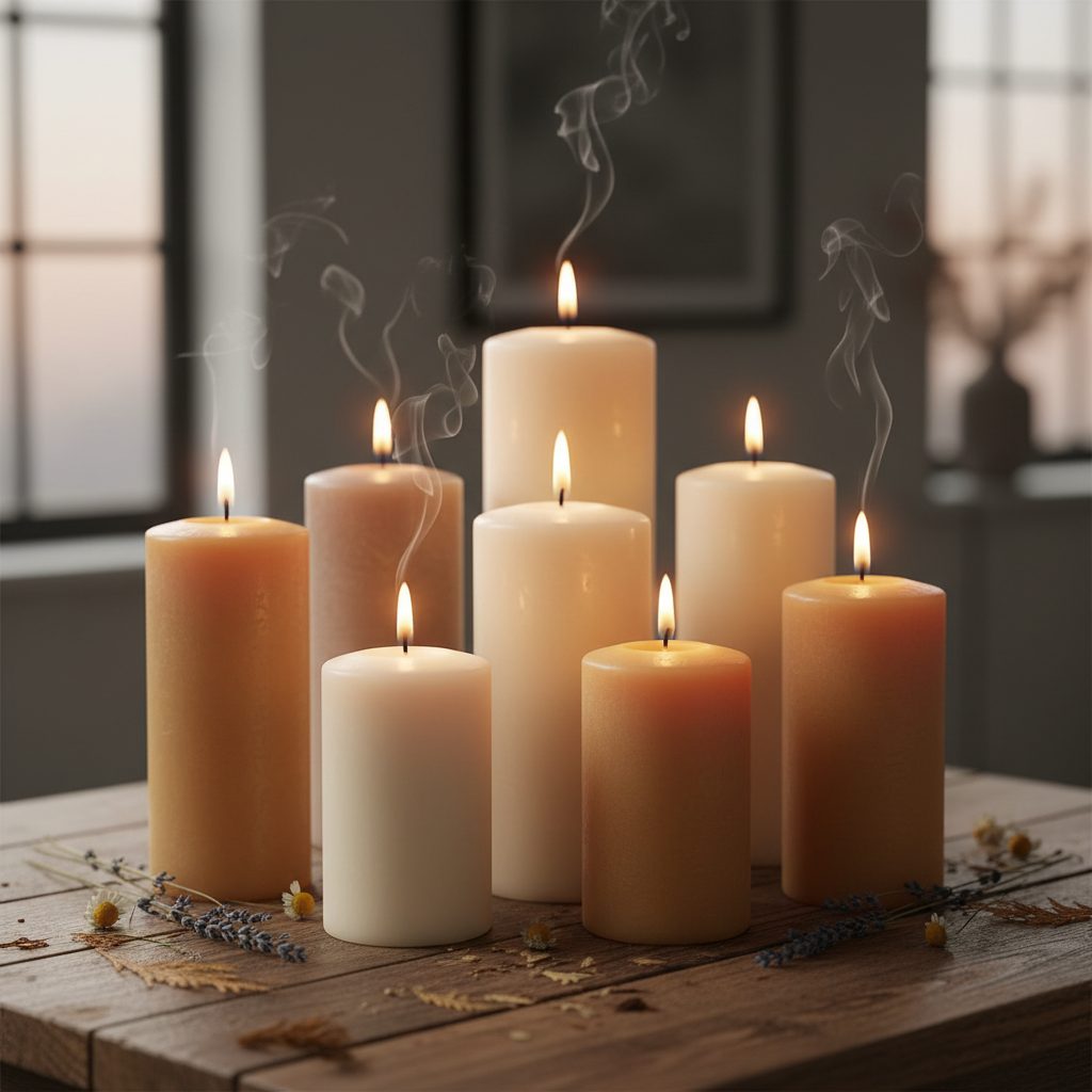 Jumbo Candles 9" collection banner featuring lit and unlit candles in a styled setting, for ambiance, ritual, and relaxation at home.