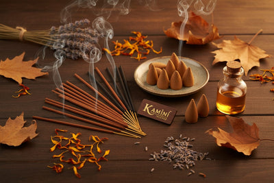 Kamini Incense Sticks & Cones collection banner featuring incense sticks and cones with natural botanicals, for aromatherapy, ritual, and everyday home fragrance.