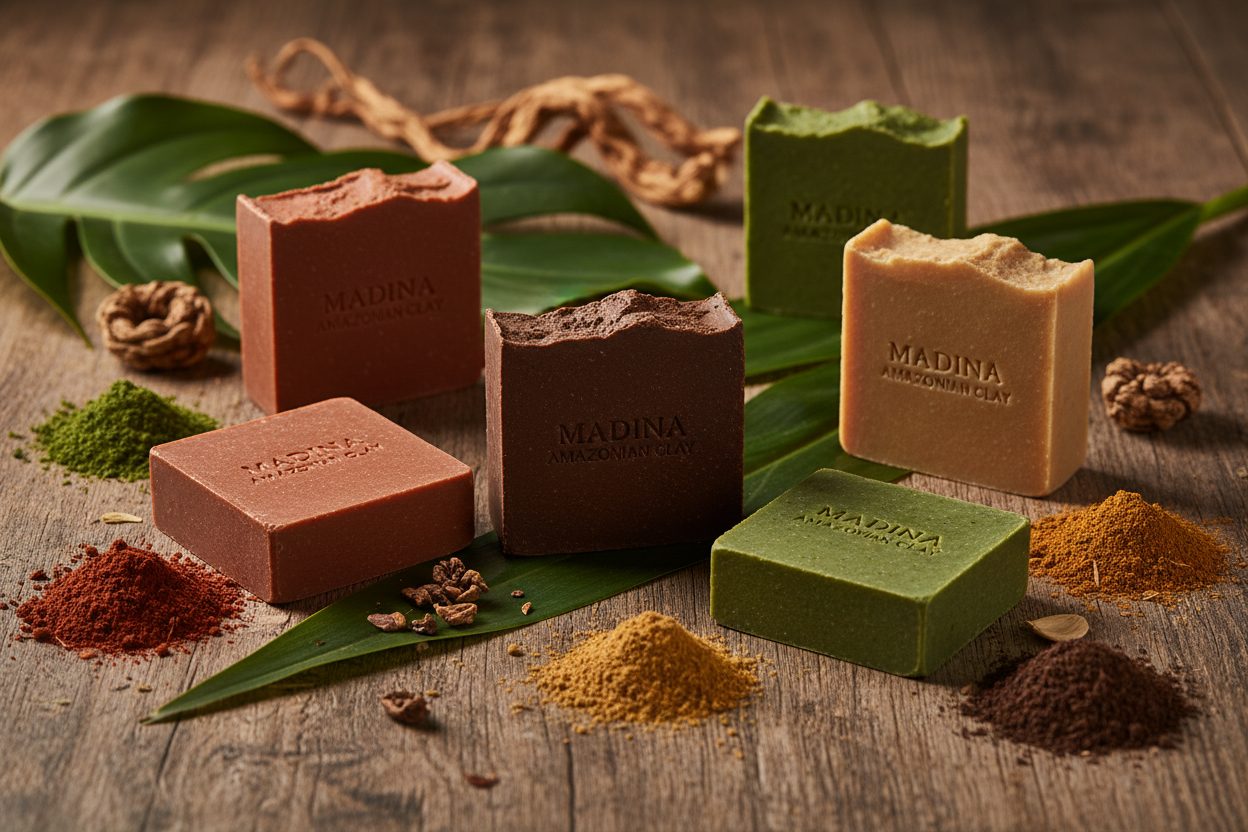 Madina Amazonian Clay Soaps collection banner featuring handmade soap bars and bath essentials, for skincare, bathing, and self-care rituals.