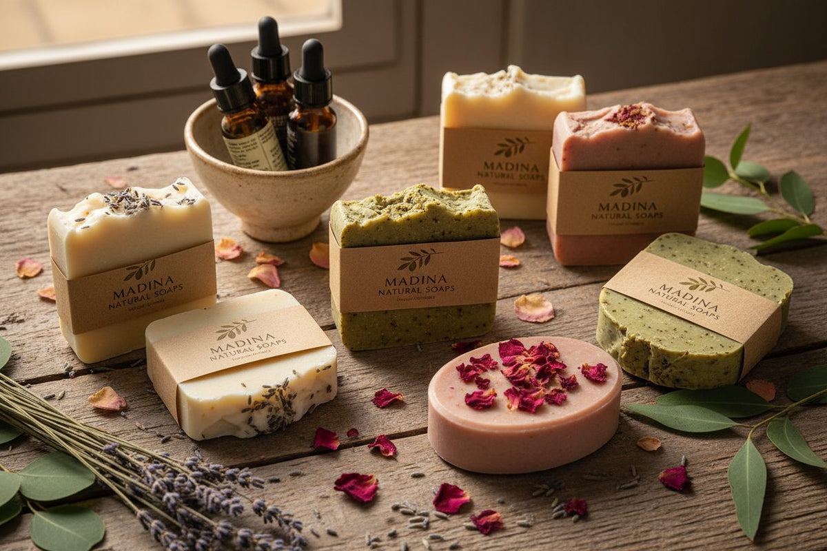 Madina Natural Soaps collection banner featuring handmade soap bars and bath essentials, for skincare, bathing, and self-care rituals.