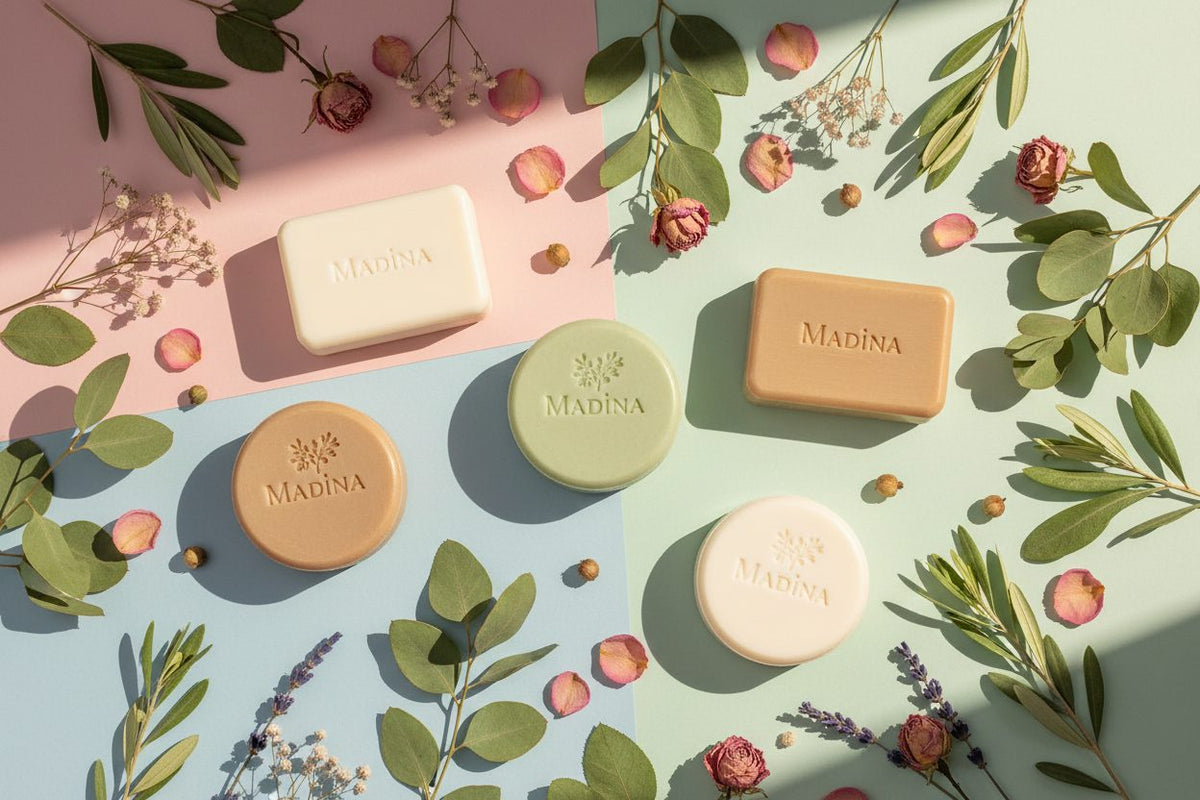 Madina Skin Care Soap collection banner featuring handmade soap bars and bath essentials, for skincare, bathing, and self-care rituals.