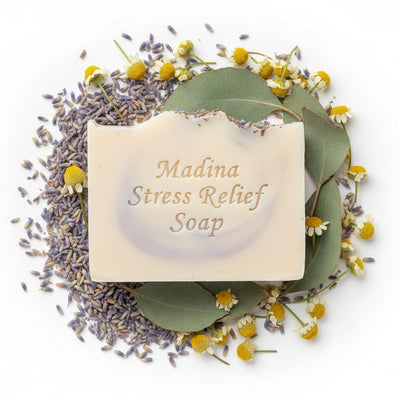 Madina Stress Relief Soap collection banner featuring handmade soap bars and bath essentials, for skincare, bathing, and self-care rituals.