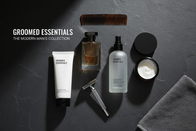 Mens Personal Care collection banner featuring personal care products arranged with natural ingredients, for daily self-care routines.