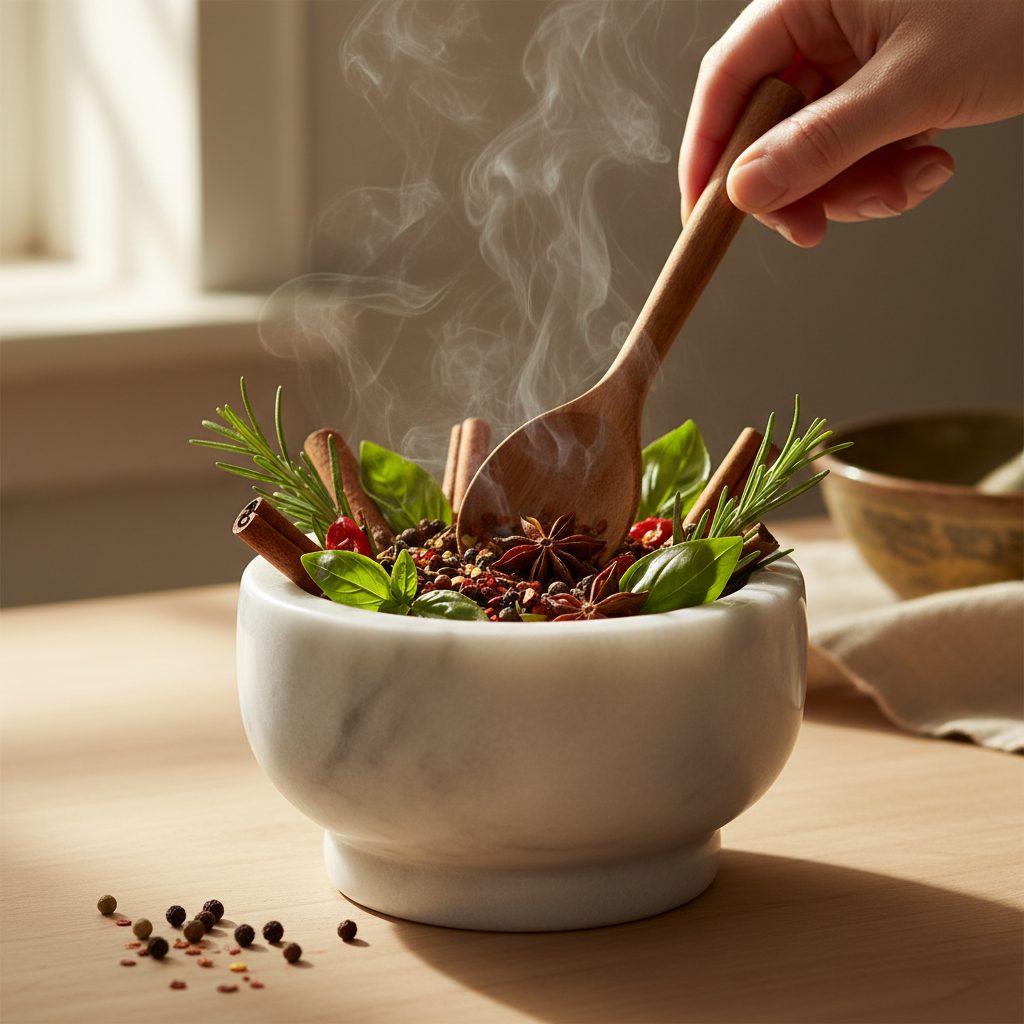 Mortar & Pestle collection banner featuring a stone mortar and pestle with dried herbs, for grinding herbs and botanical preparation.