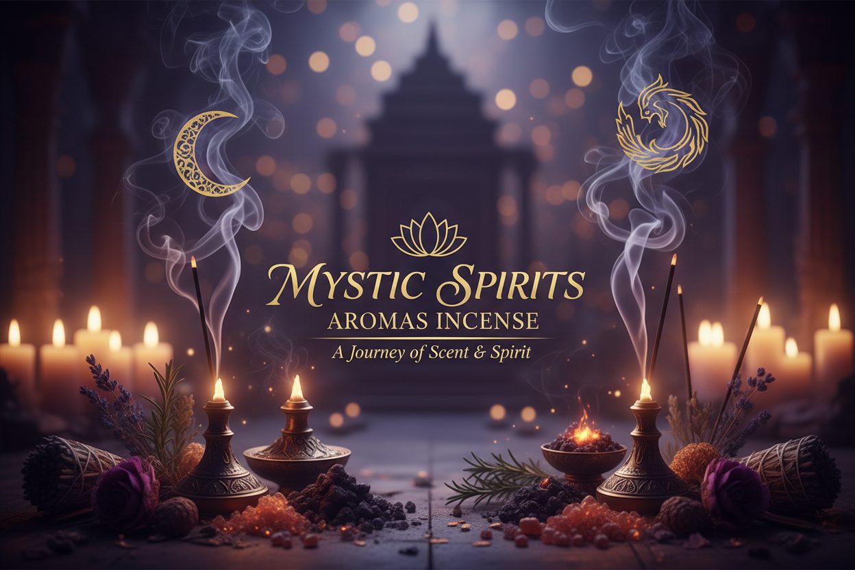 Mystic Spirits Aromas Incense collection banner featuring incense sticks and cones with natural botanicals, for aromatherapy, ritual, and everyday home fragrance.