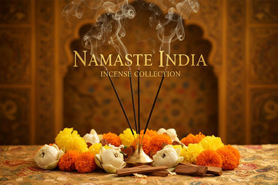 Namaste India Incense collection banner featuring incense sticks and cones with natural botanicals, for aromatherapy, ritual, and everyday home fragrance.