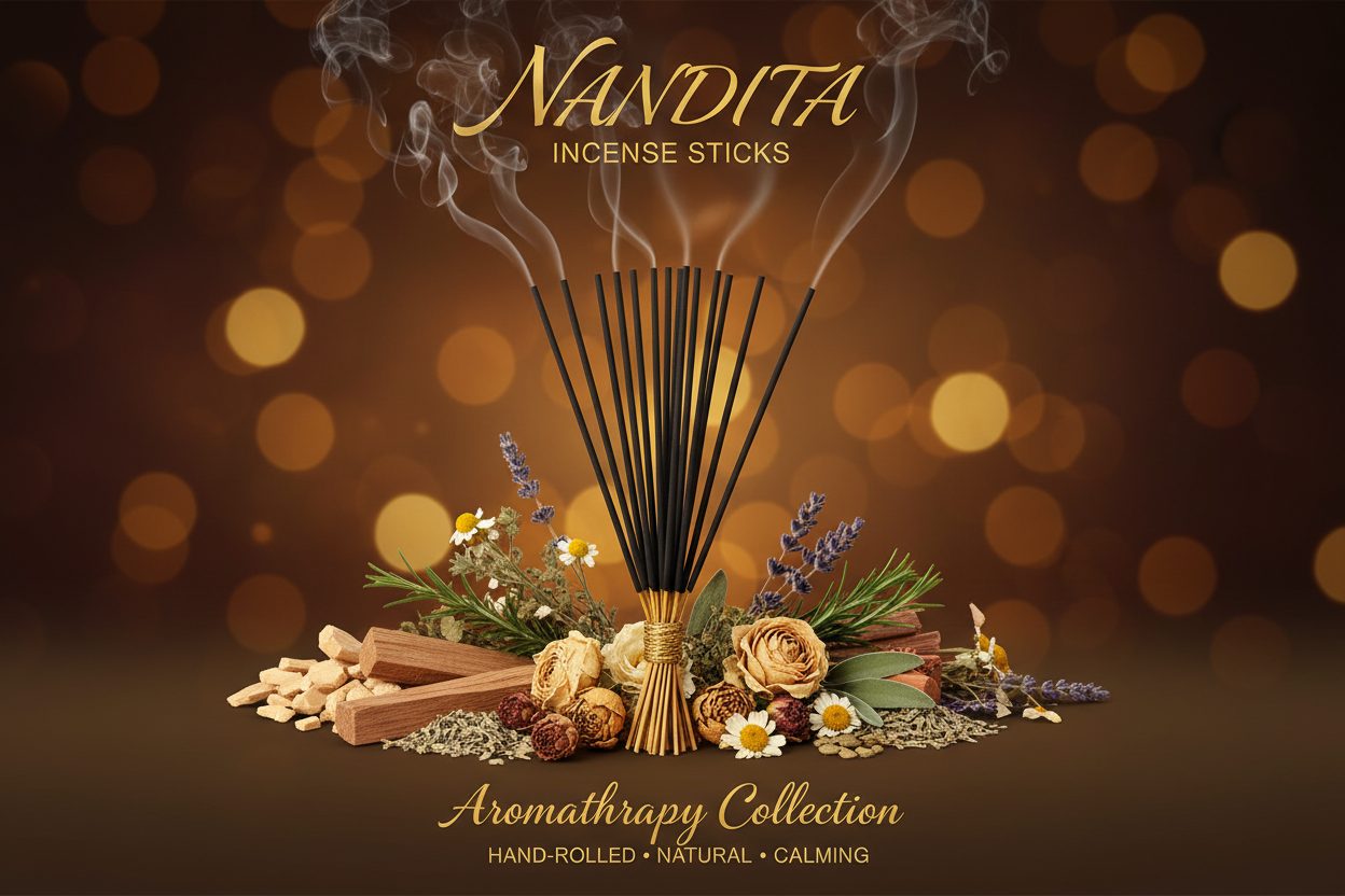 Nandita Incense Sticks collection banner featuring incense sticks and cones with natural botanicals, for aromatherapy, ritual, and everyday home fragrance.