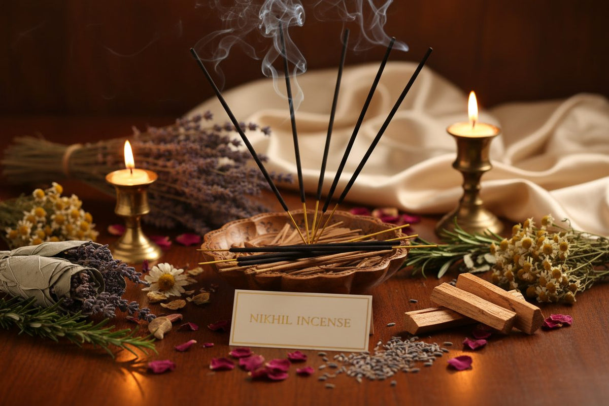 Nikhil Incense collection banner featuring incense sticks and cones with natural botanicals, for aromatherapy, ritual, and everyday home fragrance.