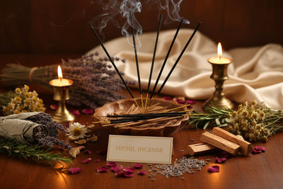 Nikhil Incense collection banner featuring incense sticks and cones with natural botanicals, for aromatherapy, ritual, and everyday home fragrance.