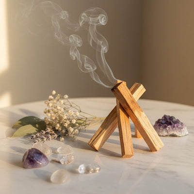 Palo Santo collection banner featuring palo santo sticks bundled with dried herbs and botanicals, for smudging, spiritual cleansing, and altar rituals.