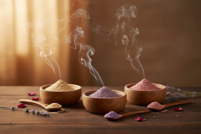 Powder Incense collection banner featuring incense sticks and cones with natural botanicals, for aromatherapy, ritual, and everyday home fragrance.