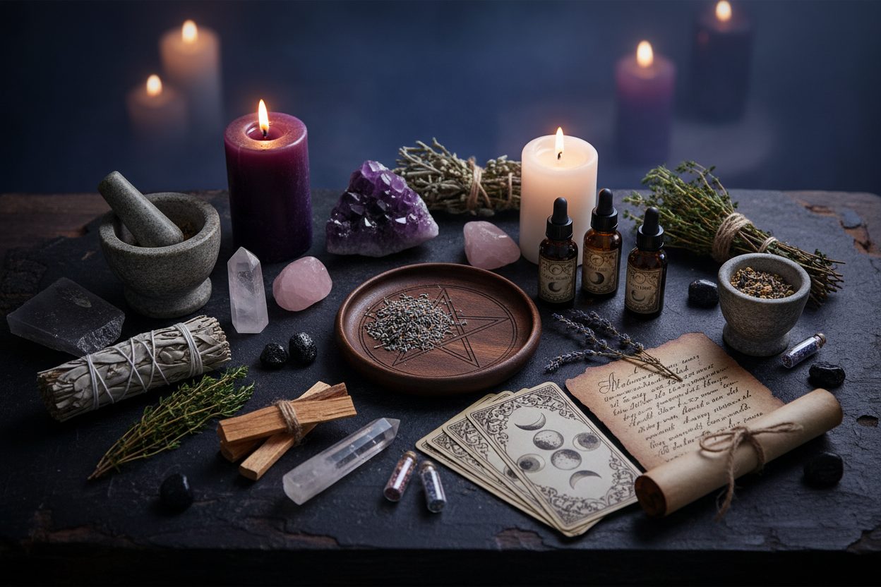 Ritual Kits, Tools & Spell Supplies collection banner featuring an assortment of ritual tools and spell supplies, for spellwork, ritual practice, and altar setups.