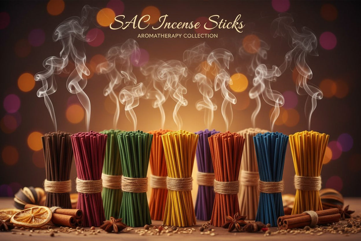 SAC Incense collection banner featuring incense sticks and cones with natural botanicals, for aromatherapy, ritual, and everyday home fragrance.