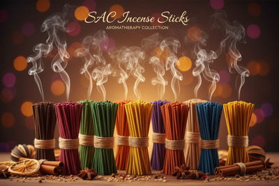 SAC Incense collection banner featuring incense sticks and cones with natural botanicals, for aromatherapy, ritual, and everyday home fragrance.