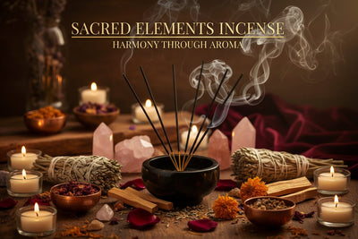 Sacred Elements Incense collection banner featuring incense sticks and cones with natural botanicals, for aromatherapy, ritual, and everyday home fragrance.