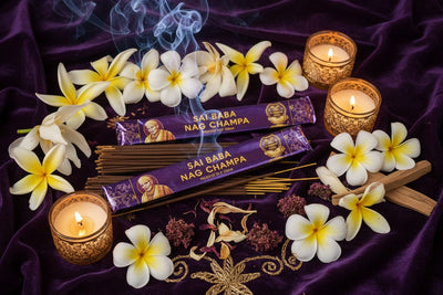 Sai Baba Nagchampa collection banner featuring boxed incense sticks with a classic nag champa scent, for aromatherapy and everyday home fragrance.