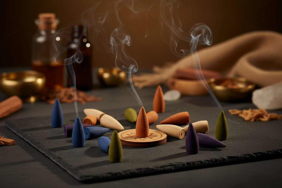 Satya Incense Cones collection banner featuring incense sticks and cones with natural botanicals, for aromatherapy, ritual, and everyday home fragrance.
