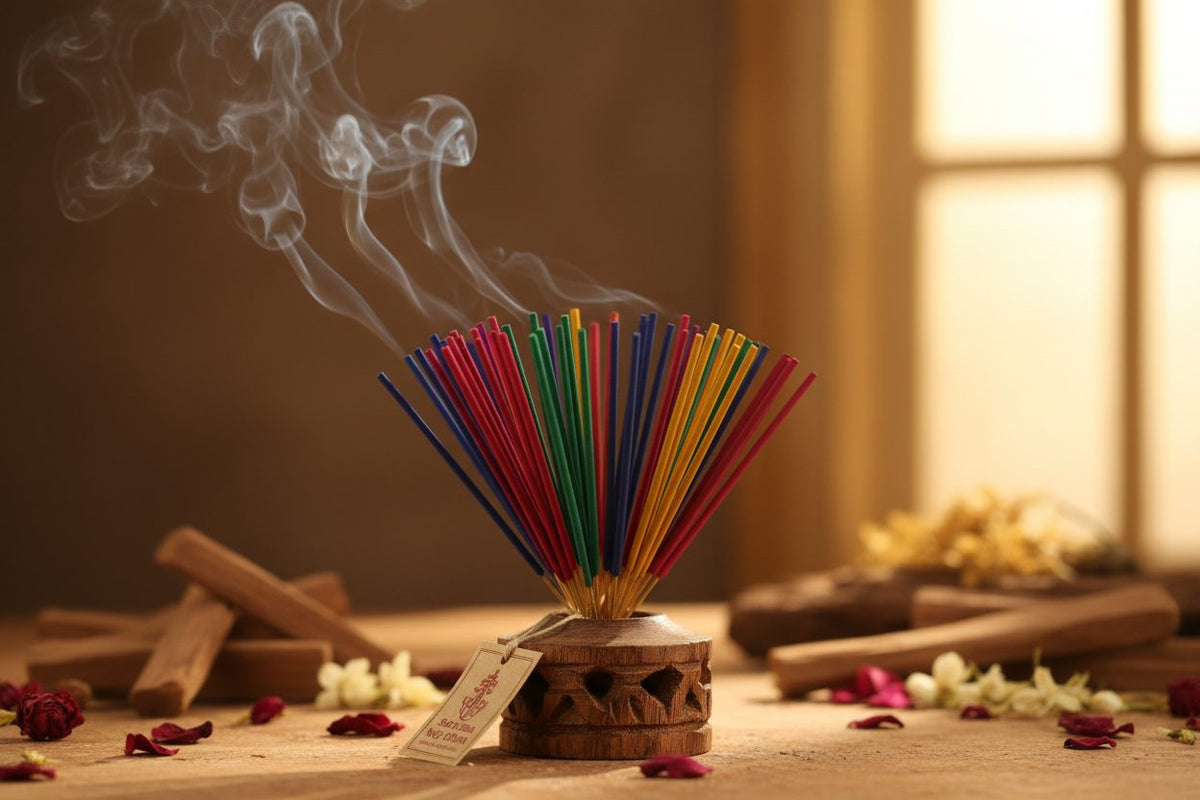 Satya Incense Sticks collection banner featuring incense sticks and cones with natural botanicals, for aromatherapy, ritual, and everyday home fragrance.