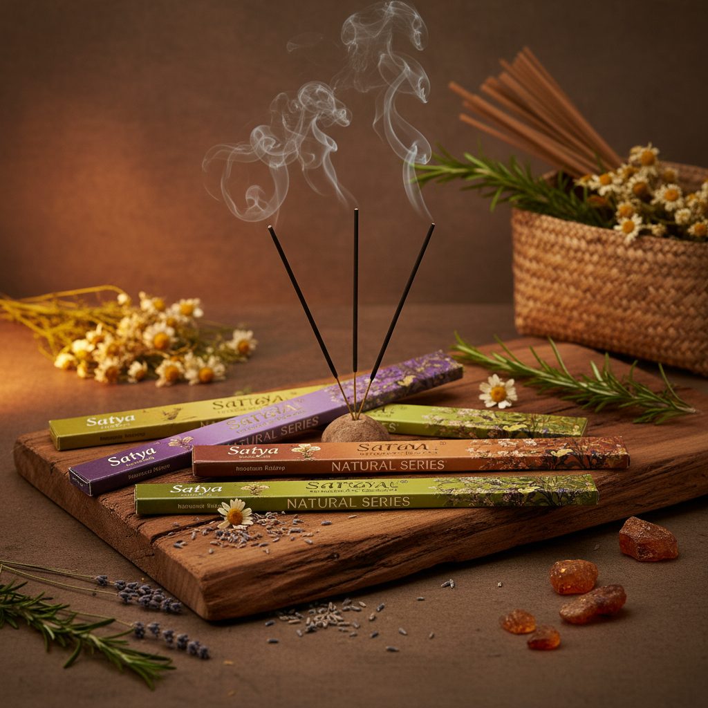 Satya Natural Series Incense collection banner featuring incense sticks and cones with natural botanicals, for aromatherapy, ritual, and everyday home fragrance.