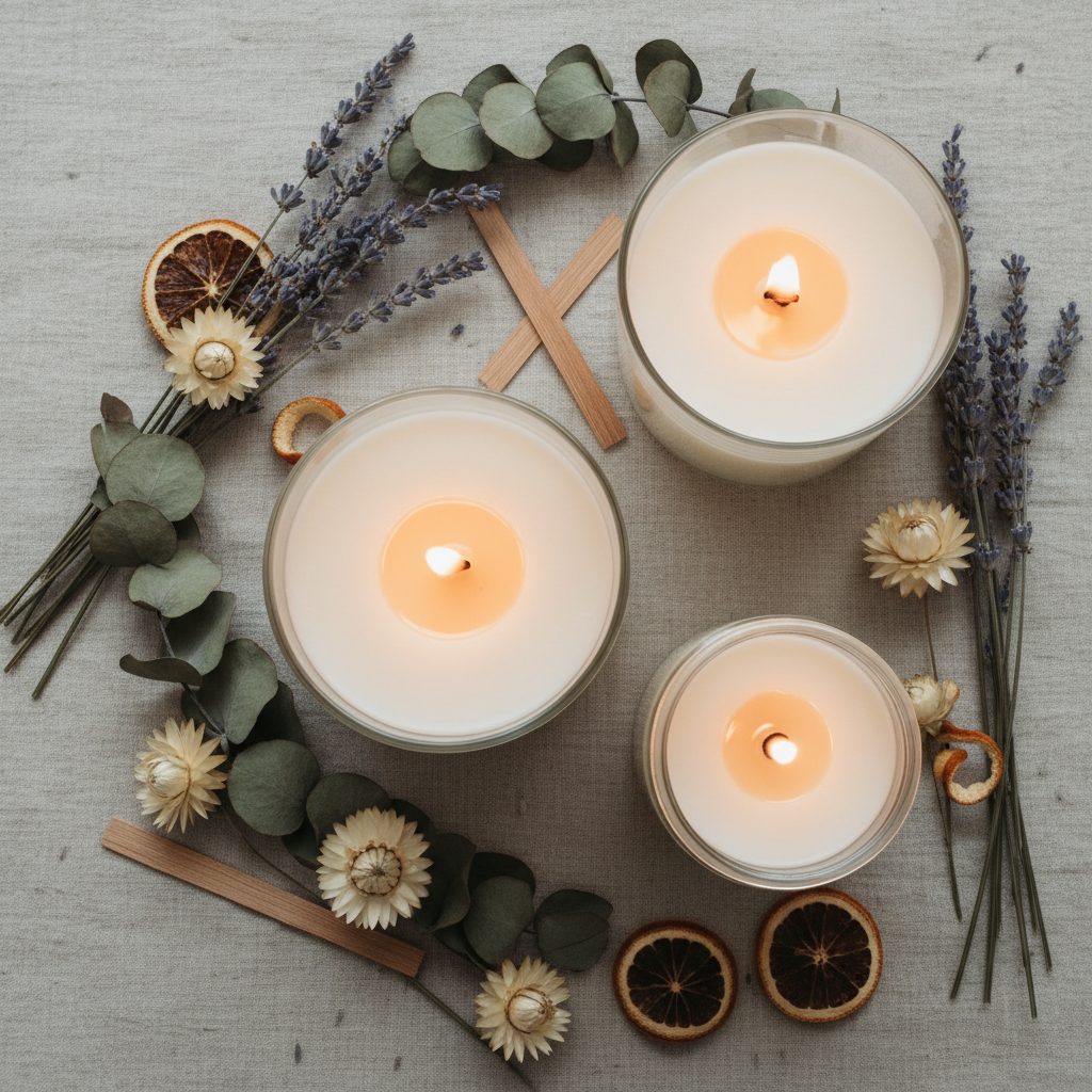 Scented Candles collection banner featuring lit and unlit candles in a styled setting, for ambiance, ritual, and relaxation at home.