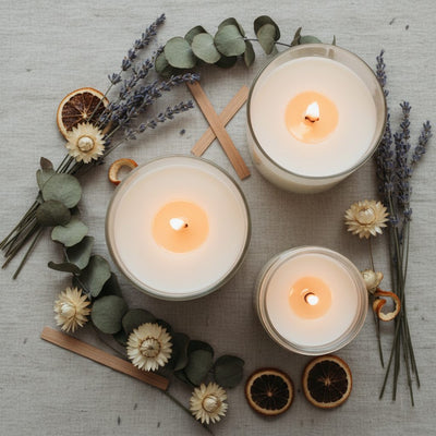 Scented Candles collection banner featuring lit and unlit candles in a styled setting, for ambiance, ritual, and relaxation at home.