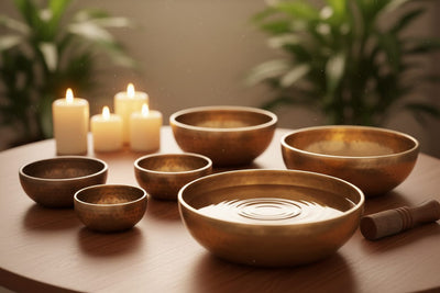 Singing Bowls collection banner featuring singing bowls and sound healing instruments, for sound healing and meditation.