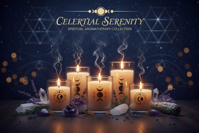 Spiritual Candles collection banner featuring lit and unlit candles in a styled setting, for ambiance, ritual, and relaxation at home.