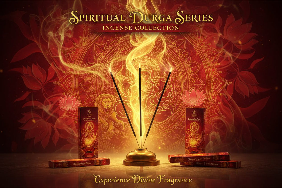 Spiritual Durga Series Incense collection banner featuring incense sticks and cones with natural botanicals, for aromatherapy, ritual, and everyday home fragrance.