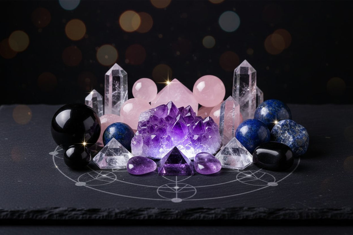 Spiritual - Gemstone collection banner featuring an assortment of crystals and tumbled stones, for meditation, crystal healing, and decor.