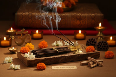 Sree Vani Incense collection banner featuring incense sticks and cones with natural botanicals, for aromatherapy, ritual, and everyday home fragrance.