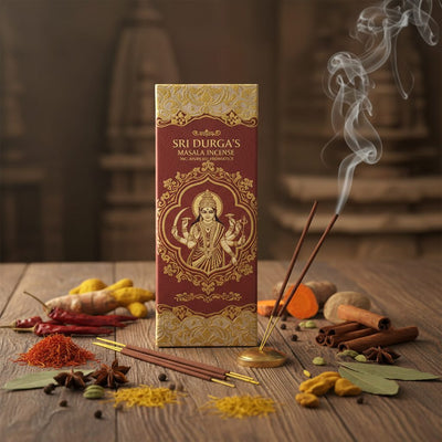 Sri Durga's Masala Incense collection banner featuring incense sticks and cones with natural botanicals, for aromatherapy, ritual, and everyday home fragrance.