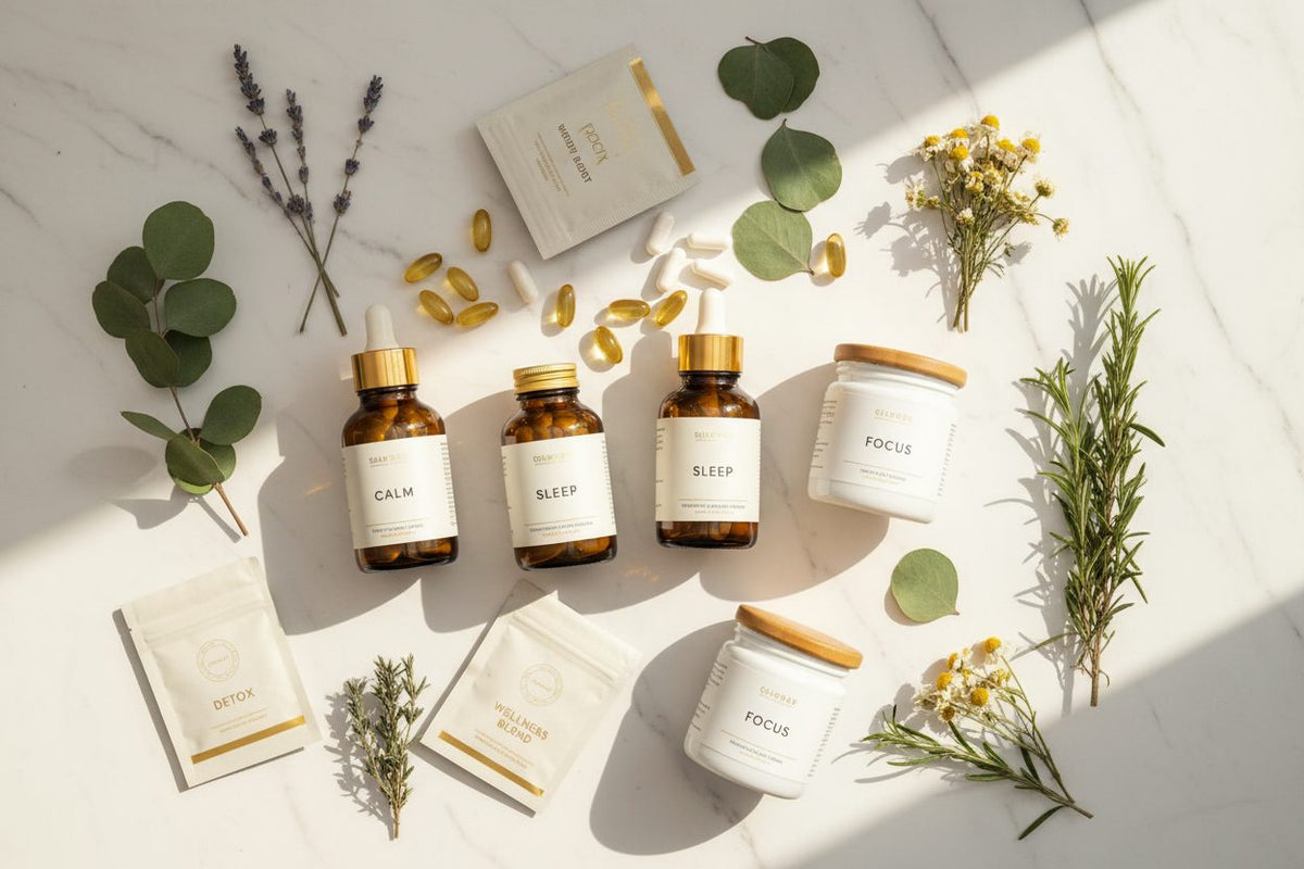 Supplements collection banner featuring supplement bottles arranged with natural ingredients, for daily wellness and nutrition support.
