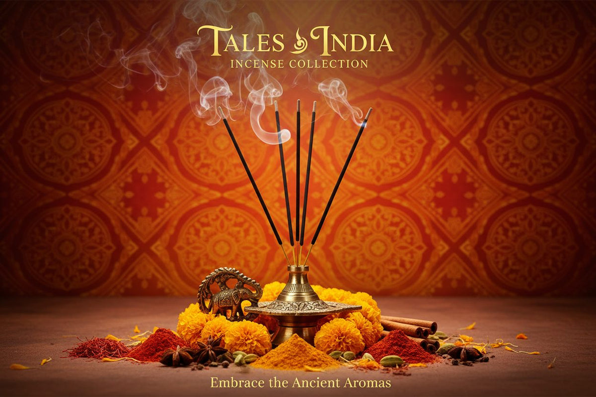 Tales of India Incense collection banner featuring incense sticks and cones with natural botanicals, for aromatherapy, ritual, and everyday home fragrance.