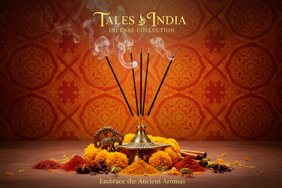Tales of India Incense collection banner featuring incense sticks and cones with natural botanicals, for aromatherapy, ritual, and everyday home fragrance.