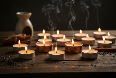 Tea Light Candles collection banner featuring lit and unlit candles in a styled setting, for ambiance, ritual, and relaxation at home.