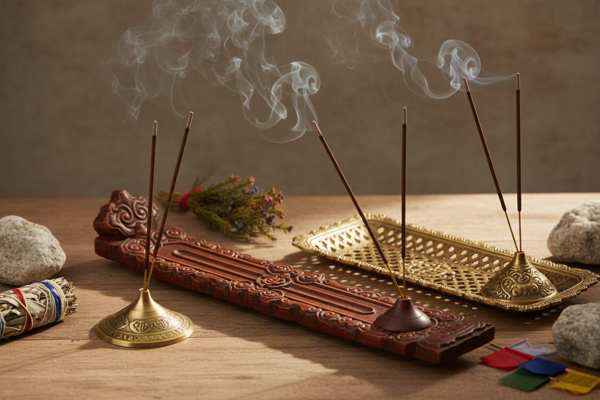 Tibetan Incense Holders collection banner featuring incense sticks and cones with natural botanicals, for aromatherapy, ritual, and everyday home fragrance.