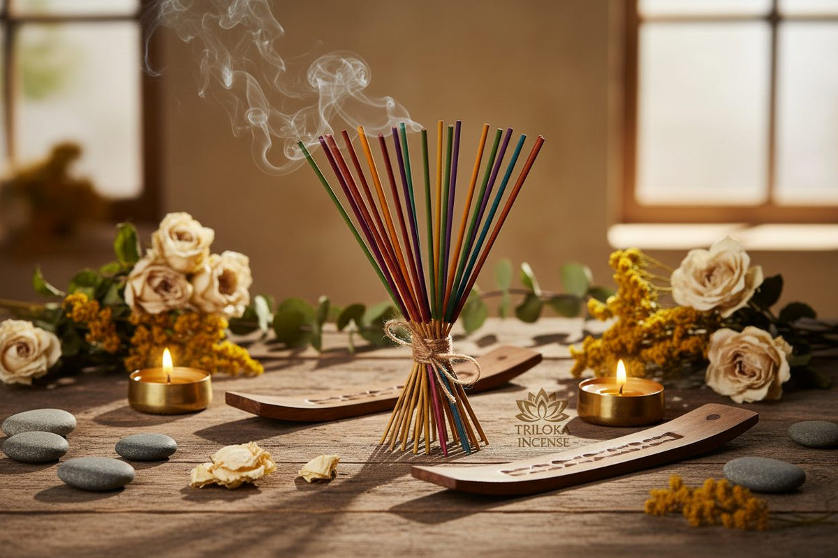 Triloka Incense collection banner featuring incense sticks and cones with natural botanicals, for aromatherapy, ritual, and everyday home fragrance.