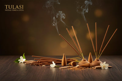 Tulasi Incense Cones & Sticks collection banner featuring incense sticks and cones with natural botanicals, for aromatherapy, ritual, and everyday home fragrance.