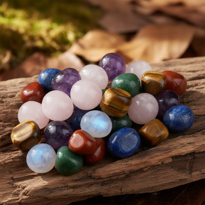 Tumbled Stone collection banner featuring an assortment of crystals and tumbled stones, for meditation, crystal healing, and decor.