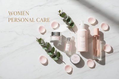 Women Personal Care collection banner featuring personal care products arranged with natural ingredients, for daily self-care routines.