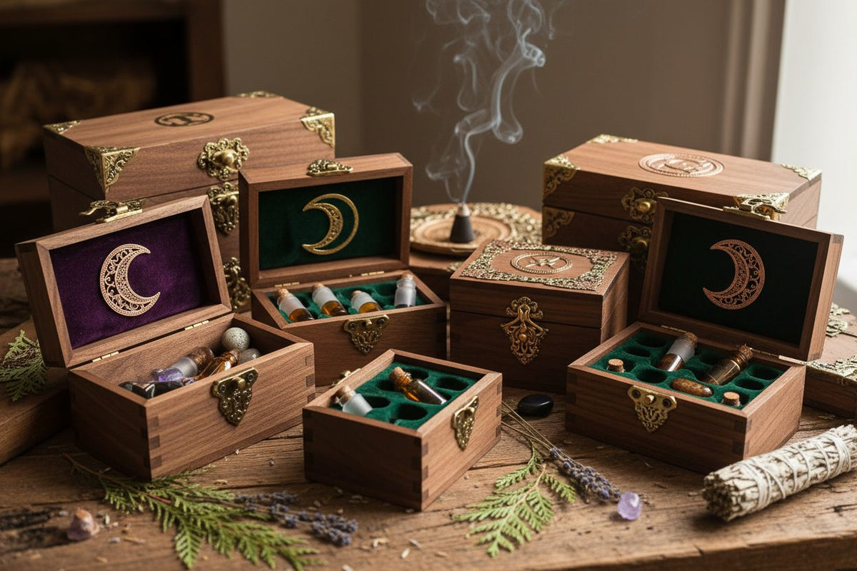 Wood/Metal Alter boxes collection banner featuring a ritual bowl or burner with botanicals, for offerings, smudging, and altar rituals.