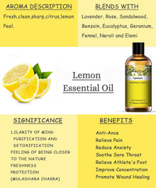 PHATOIL lemon essential oil card giving its aroma as fresh, clean, sharp, citrus lemon peel, and listing lavender, rose, sandalwood, eucalyptus, geranium, fennel and neroli as blending partners.