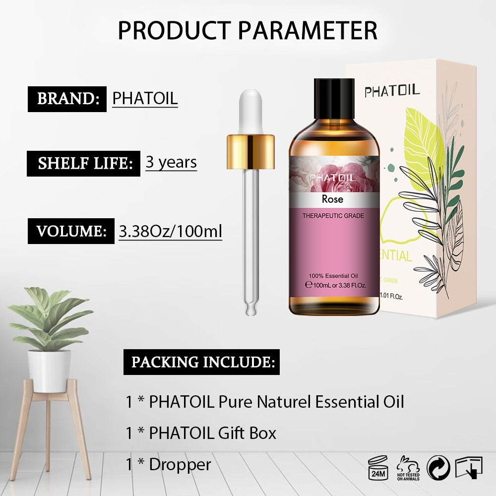 PHATOIL 100ml essential oil specifications: three-year shelf life, 3.38 fl oz volume, and a box containing the bottle, a gift box and a glass dropper.