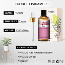 PHATOIL 100ml essential oil specifications: three-year shelf life, 3.38 fl oz volume, and a box containing the bottle, a gift box and a glass dropper.